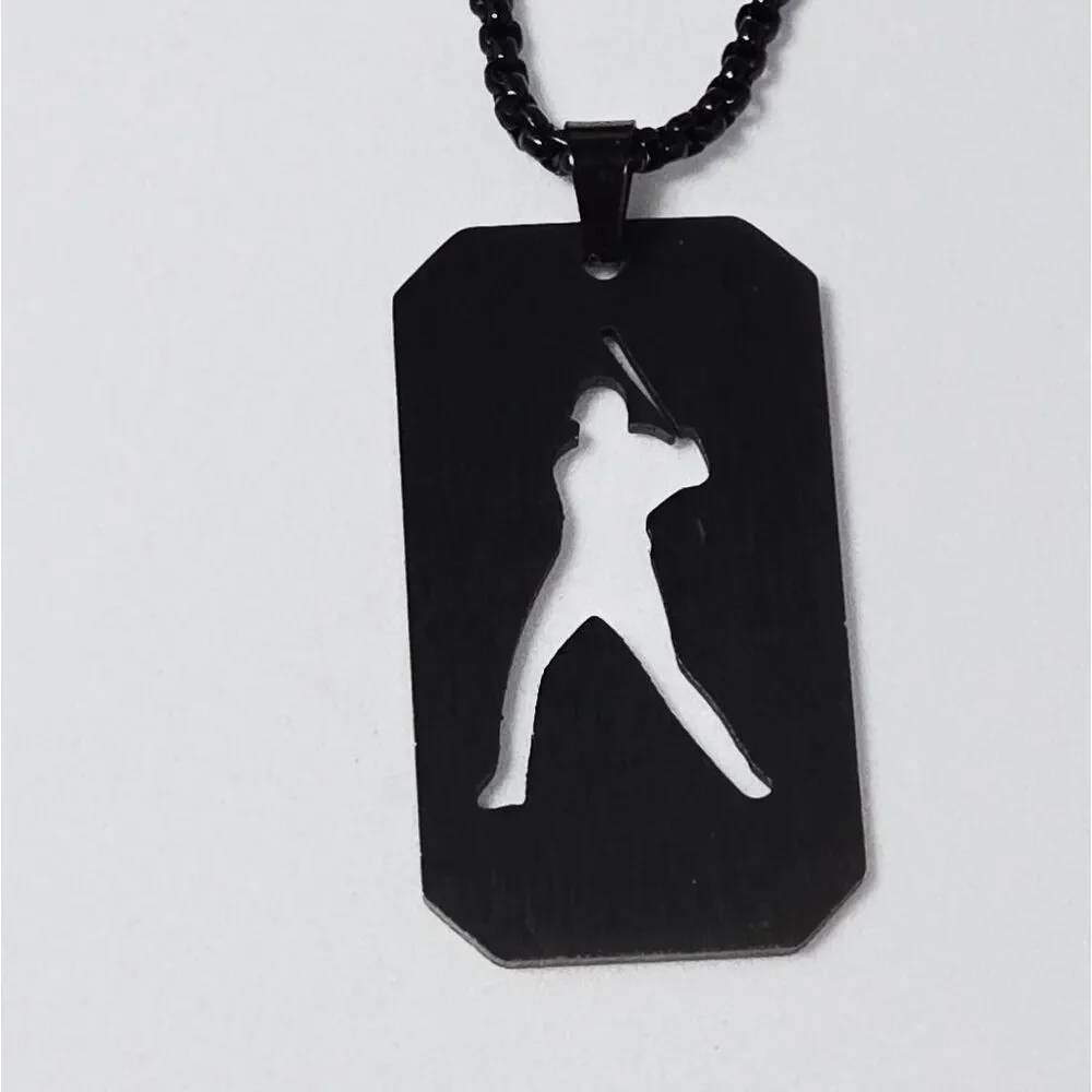 Matte Black Baseball Player Dog Tag Necklace Cutout Batter 24” Stainless Steel